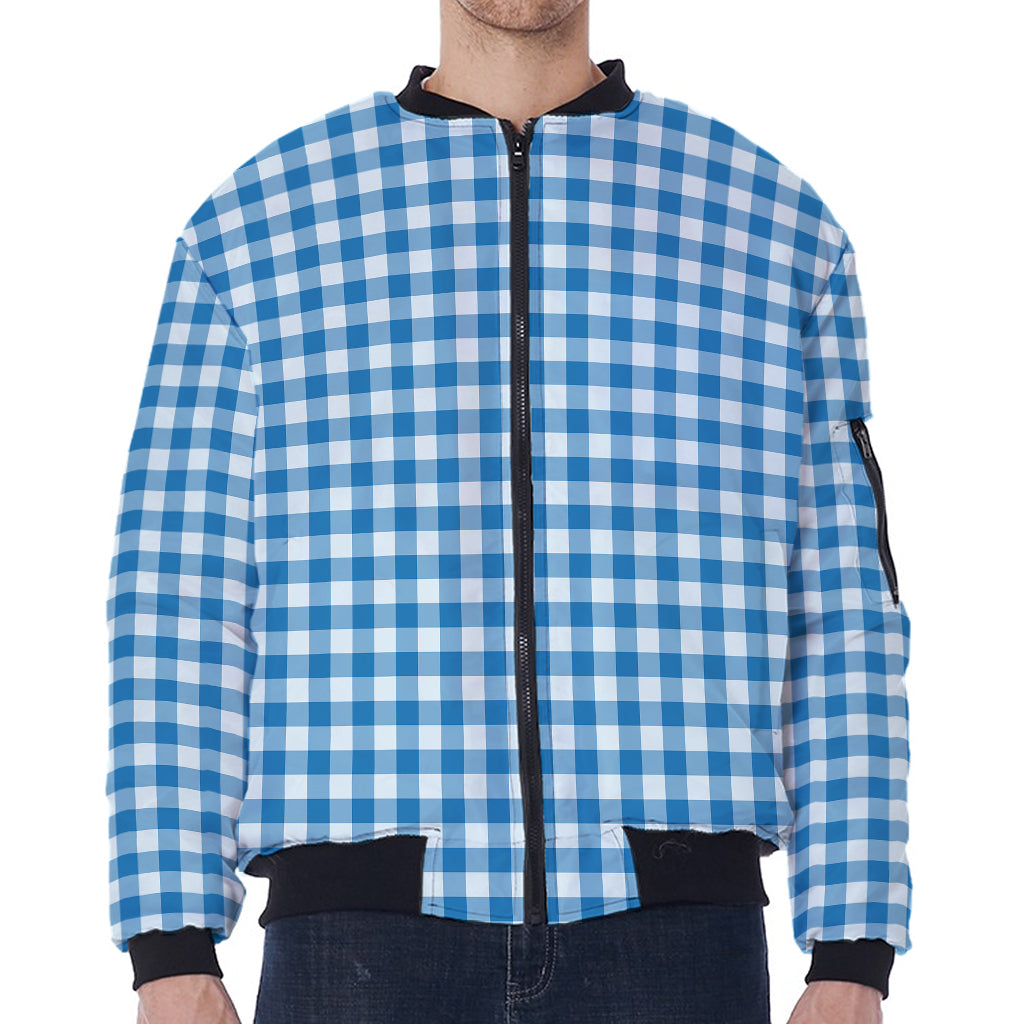 Blue And White Check Pattern Print Zip Sleeve Bomber Jacket