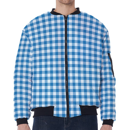 Blue And White Check Pattern Print Zip Sleeve Bomber Jacket