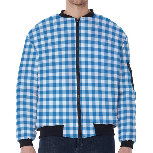 Blue And White Check Pattern Print Zip Sleeve Bomber Jacket