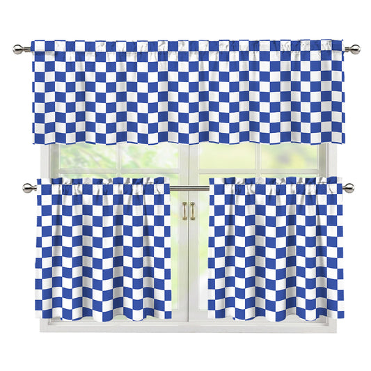 Blue And White Checkered Pattern Print 3 Piece Kitchen Curtains