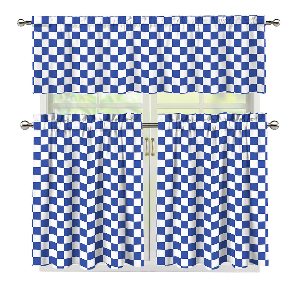 Blue And White Checkered Pattern Print 3 Piece Kitchen Curtains