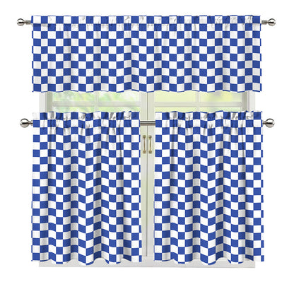 Blue And White Checkered Pattern Print 3 Piece Kitchen Curtains