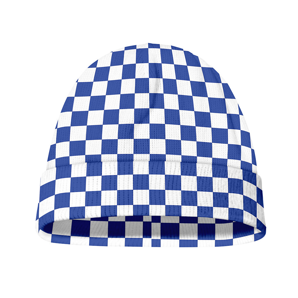 Blue And White Checkered Pattern Print Beanie