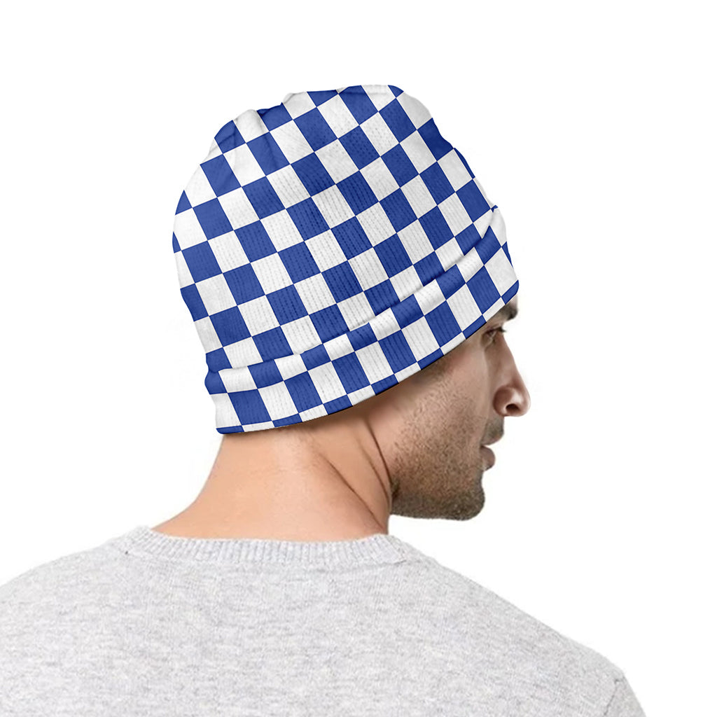 Blue And White Checkered Pattern Print Beanie