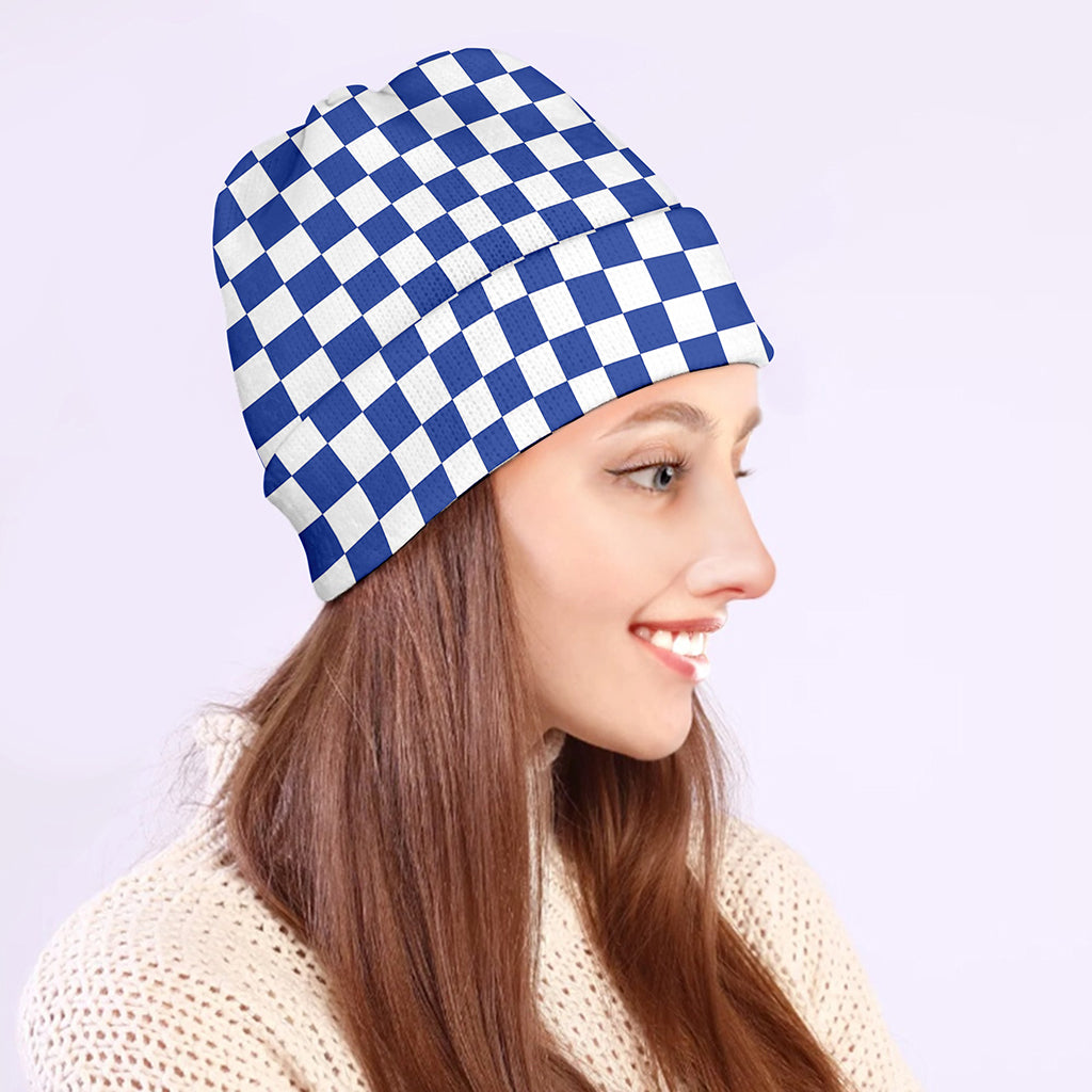Blue And White Checkered Pattern Print Beanie