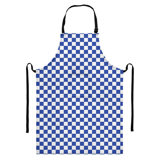 Blue And White Checkered Pattern Print Bib Apron With Pocket