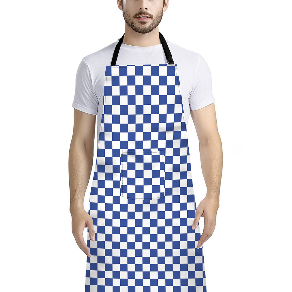 Blue And White Checkered Pattern Print Bib Apron With Pocket