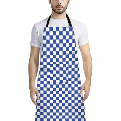 Blue And White Checkered Pattern Print Bib Apron With Pocket