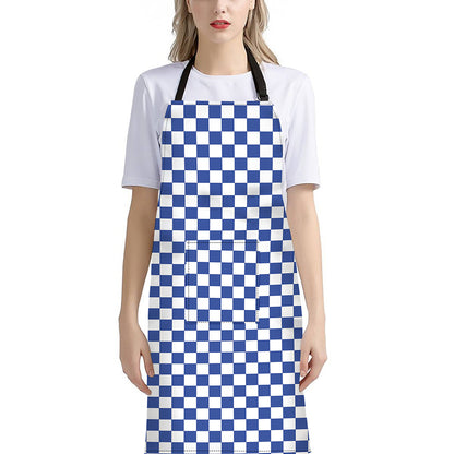 Blue And White Checkered Pattern Print Bib Apron With Pocket