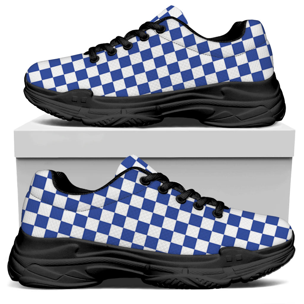 Blue And White Checkered Pattern Print Black Chunky Shoes