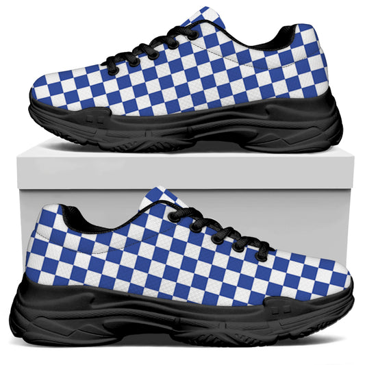 Blue And White Checkered Pattern Print Black Chunky Shoes