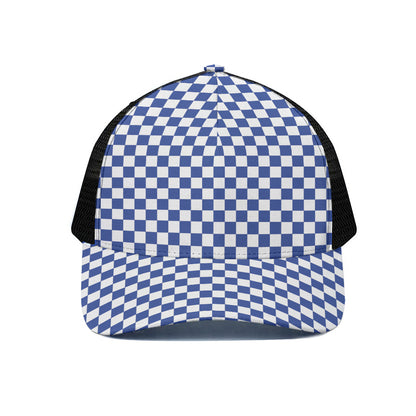 Blue And White Checkered Pattern Print Black Mesh Trucker Cap