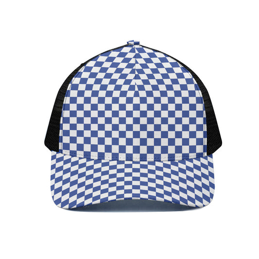 Blue And White Checkered Pattern Print Black Mesh Trucker Cap