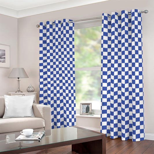 Blue And White Checkered Pattern Print Blackout Grommet Curtains