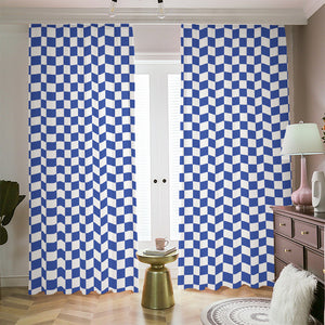 Blue And White Checkered Pattern Print Blackout Pencil Pleat Curtains