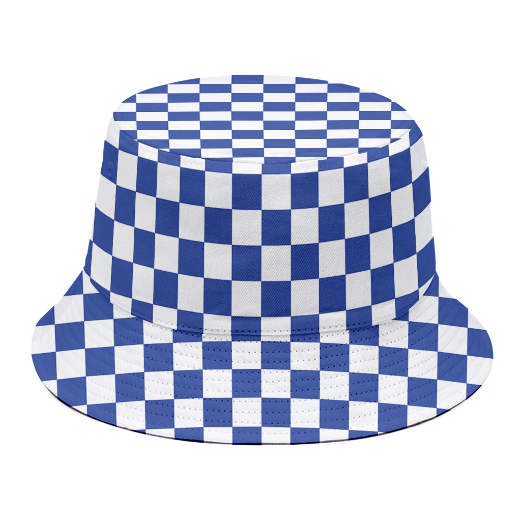 Blue And White Checkered Pattern Print Bucket Hat