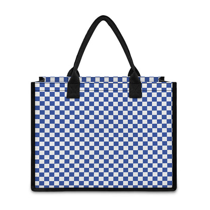 Blue And White Checkered Pattern Print Canvas Tote Bag