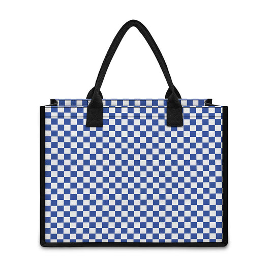 Blue And White Checkered Pattern Print Canvas Tote Bag