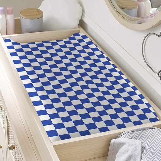 Blue And White Checkered Pattern Print Changing Pad Cover
