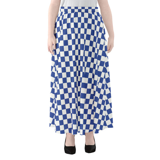 Blue And White Checkered Pattern Print Chiffon Maxi Skirt