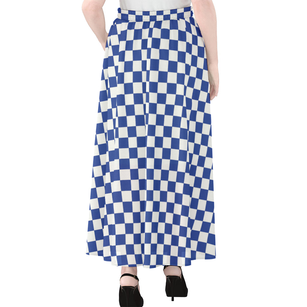 Blue And White Checkered Pattern Print Chiffon Maxi Skirt