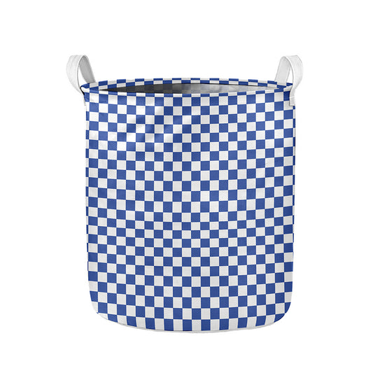 Blue And White Checkered Pattern Print Collapsible Laundry Basket