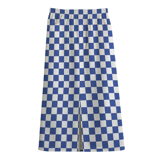 Blue And White Checkered Pattern Print Cotton Front Slit Maxi Skirt
