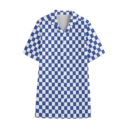 Blue And White Checkered Pattern Print Cotton Hawaiian Shirt