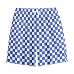 Blue And White Checkered Pattern Print Cotton Shorts
