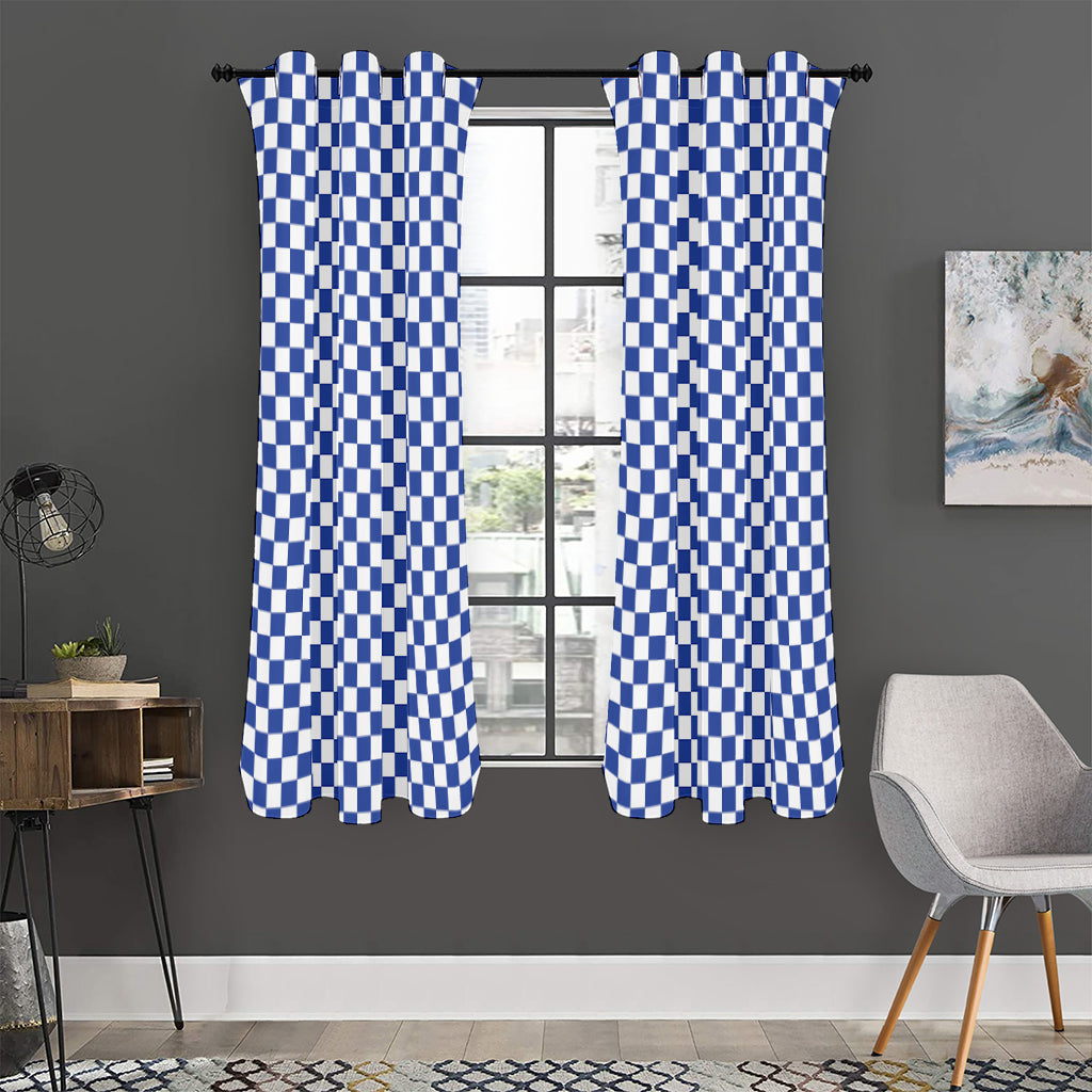 Blue And White Checkered Pattern Print Curtain