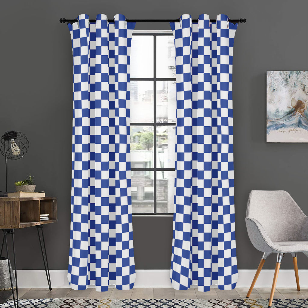 Blue And White Checkered Pattern Print Curtain
