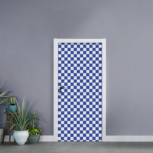 Blue And White Checkered Pattern Print Door Sticker