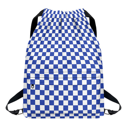 Blue And White Checkered Pattern Print Drawstring Backpack
