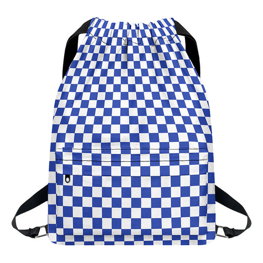 Blue And White Checkered Pattern Print Drawstring Backpack