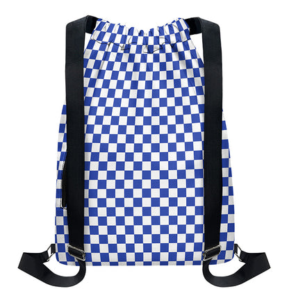 Blue And White Checkered Pattern Print Drawstring Backpack
