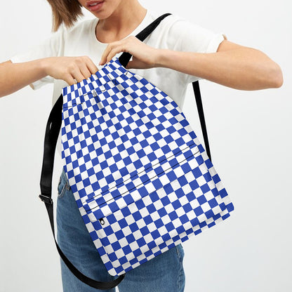Blue And White Checkered Pattern Print Drawstring Backpack