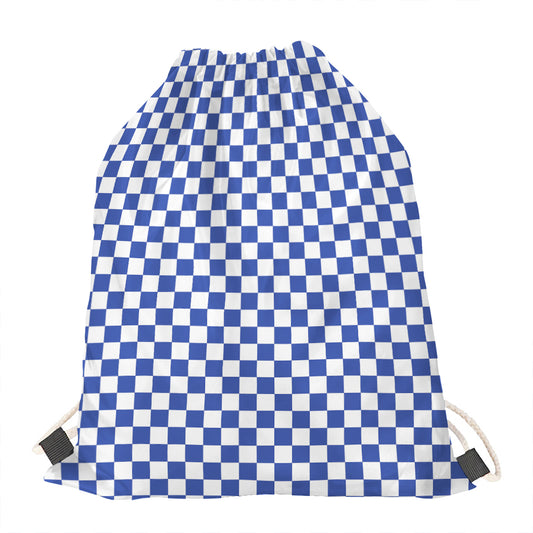 Blue And White Checkered Pattern Print Drawstring Bag