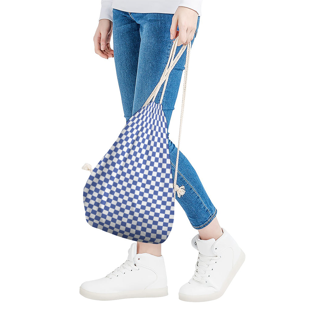 Blue And White Checkered Pattern Print Drawstring Bag