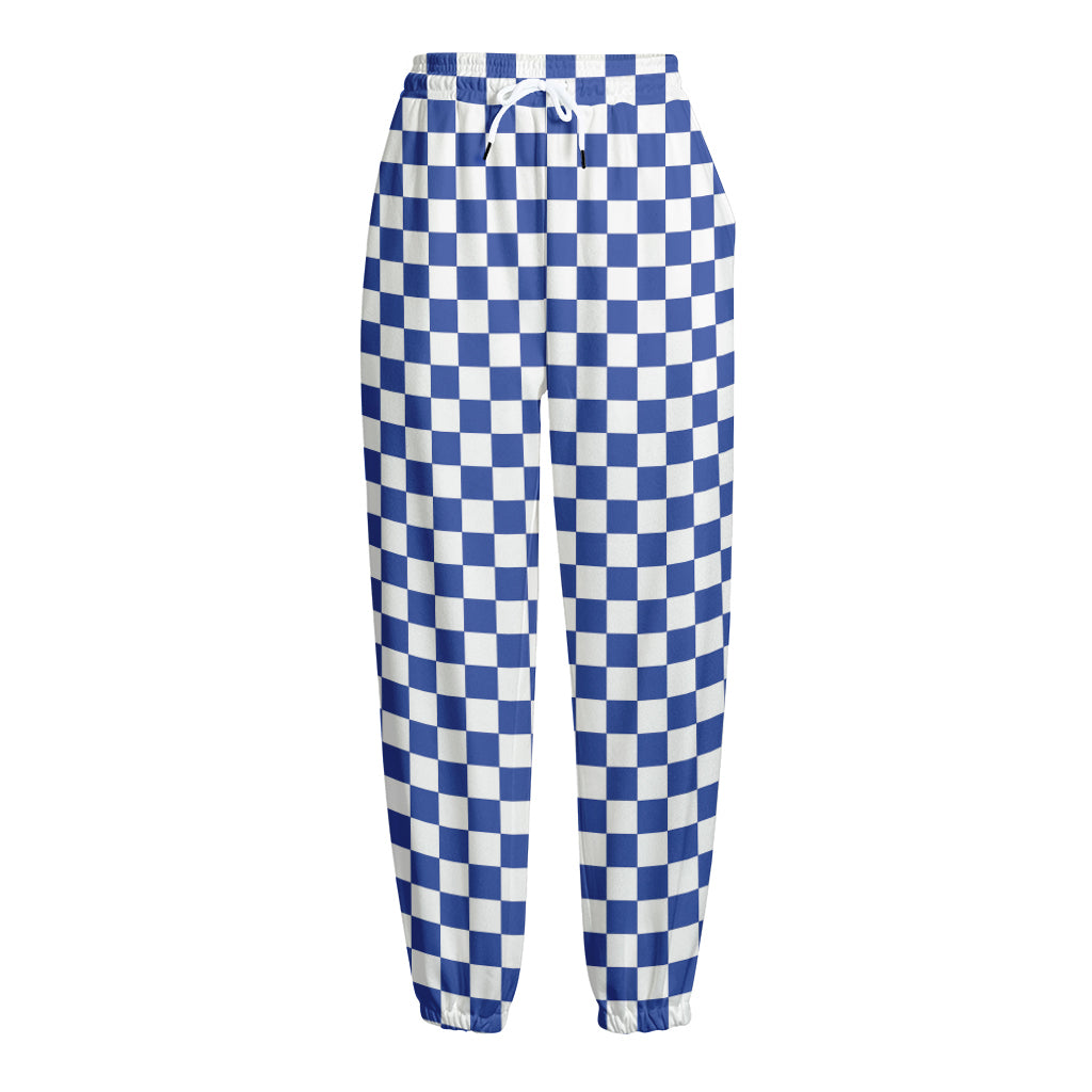 Blue And White Checkered Pattern Print Fleece Lined Knit Pants