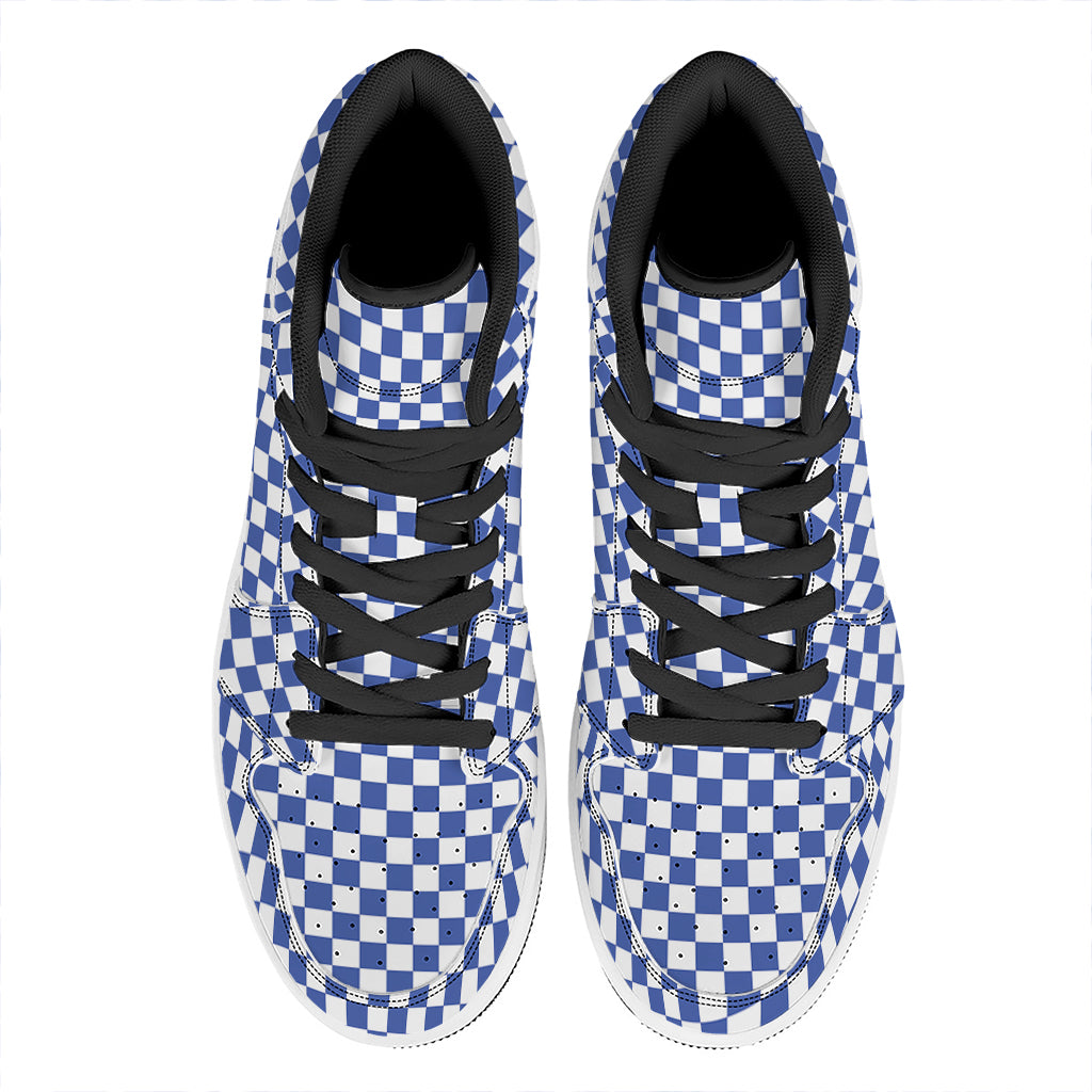 Blue And White Checkered Pattern Print High Top Leather Sneakers