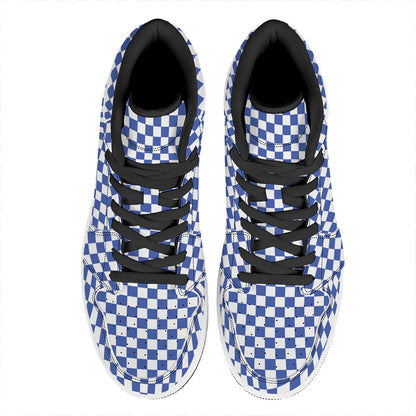 Blue And White Checkered Pattern Print High Top Leather Sneakers