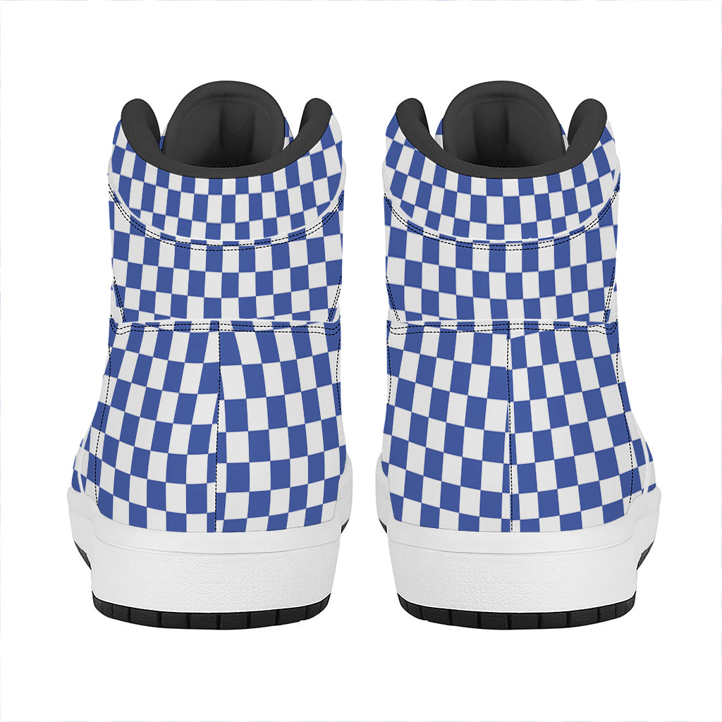 Blue And White Checkered Pattern Print High Top Leather Sneakers