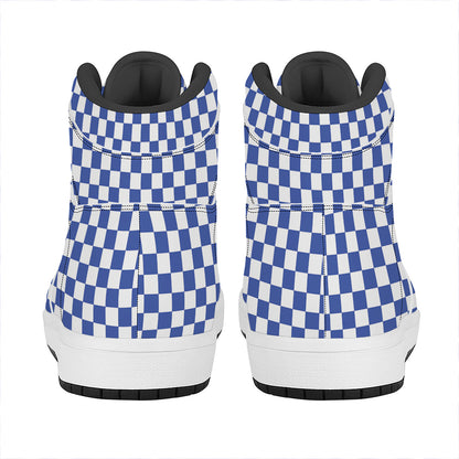 Blue And White Checkered Pattern Print High Top Leather Sneakers