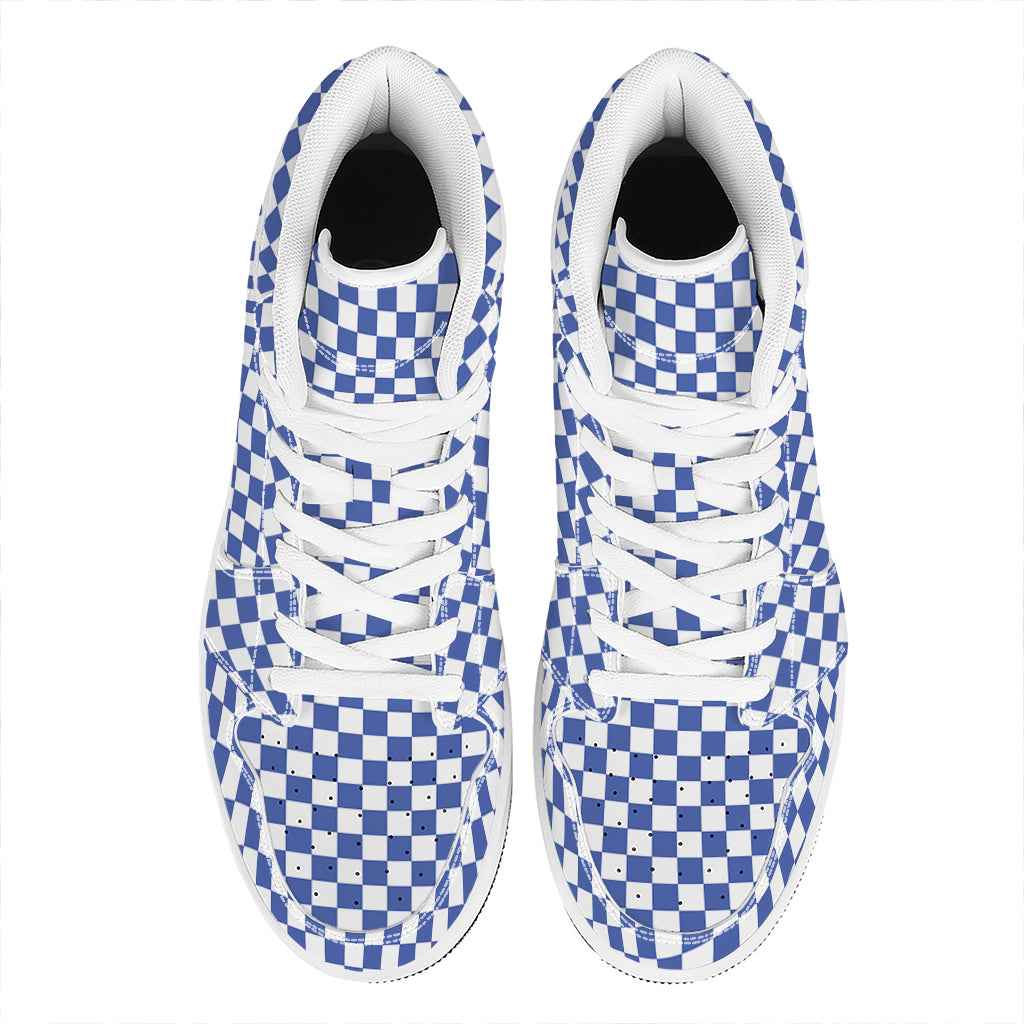 Blue And White Checkered Pattern Print High Top Leather Sneakers
