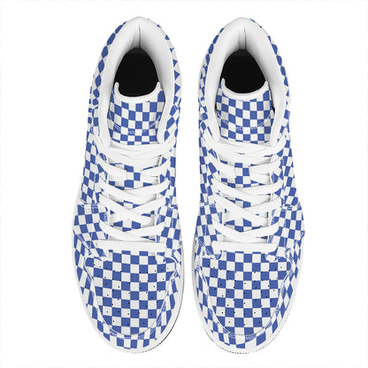 Blue And White Checkered Pattern Print High Top Leather Sneakers