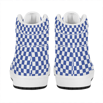 Blue And White Checkered Pattern Print High Top Leather Sneakers