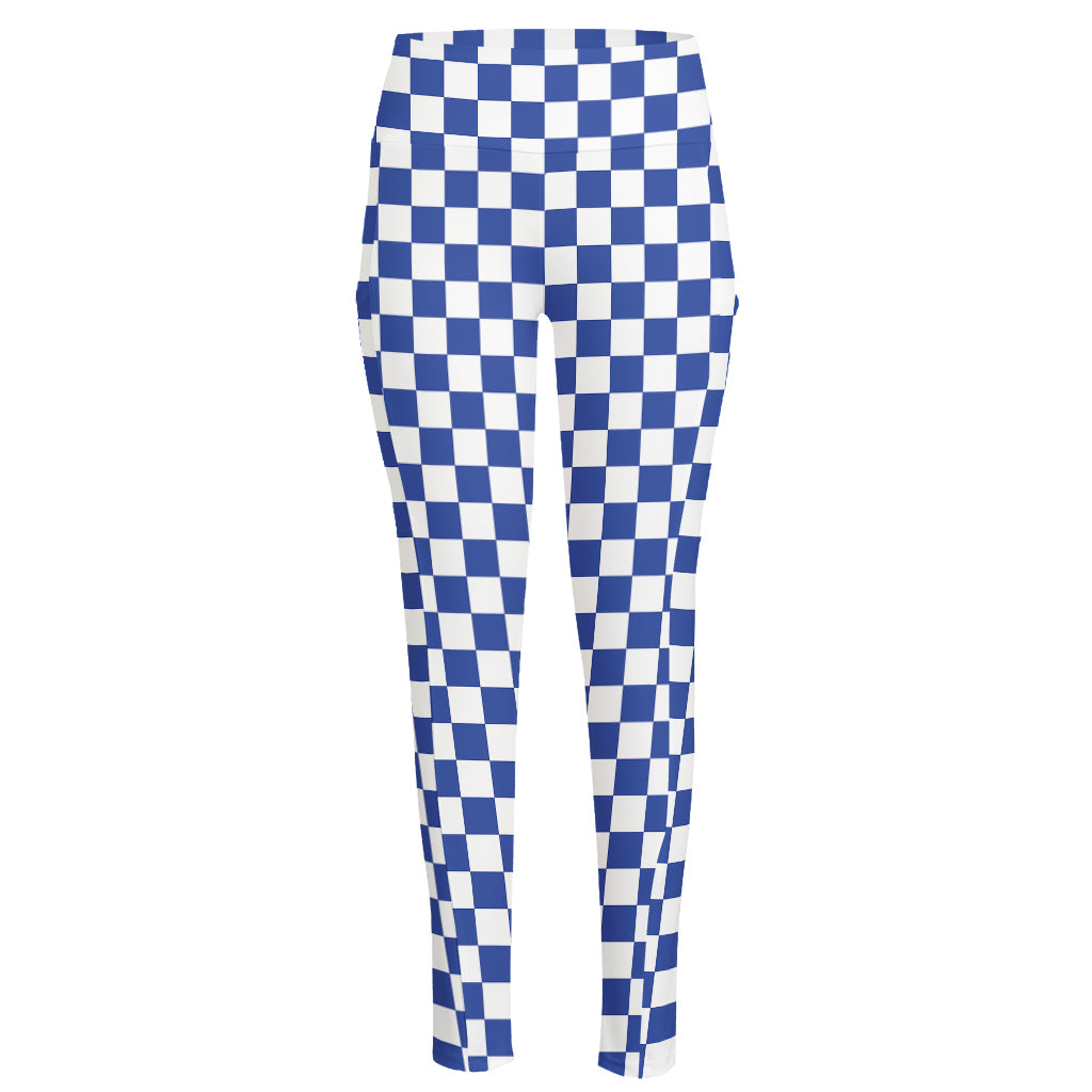 Blue And White Checkered Pattern Print High-Waisted Pocket Leggings