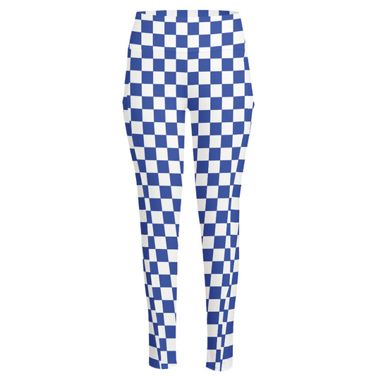 Blue And White Checkered Pattern Print High-Waisted Pocket Leggings