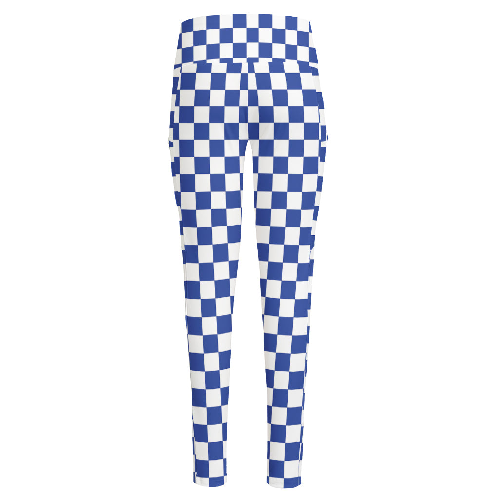 Blue And White Checkered Pattern Print High-Waisted Pocket Leggings