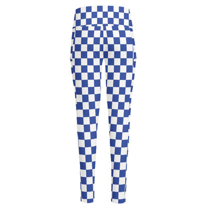 Blue And White Checkered Pattern Print High-Waisted Pocket Leggings